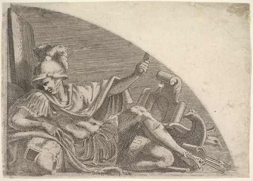 Mars Seated Amid Trophies by Léon Davent, print, 1540-1556