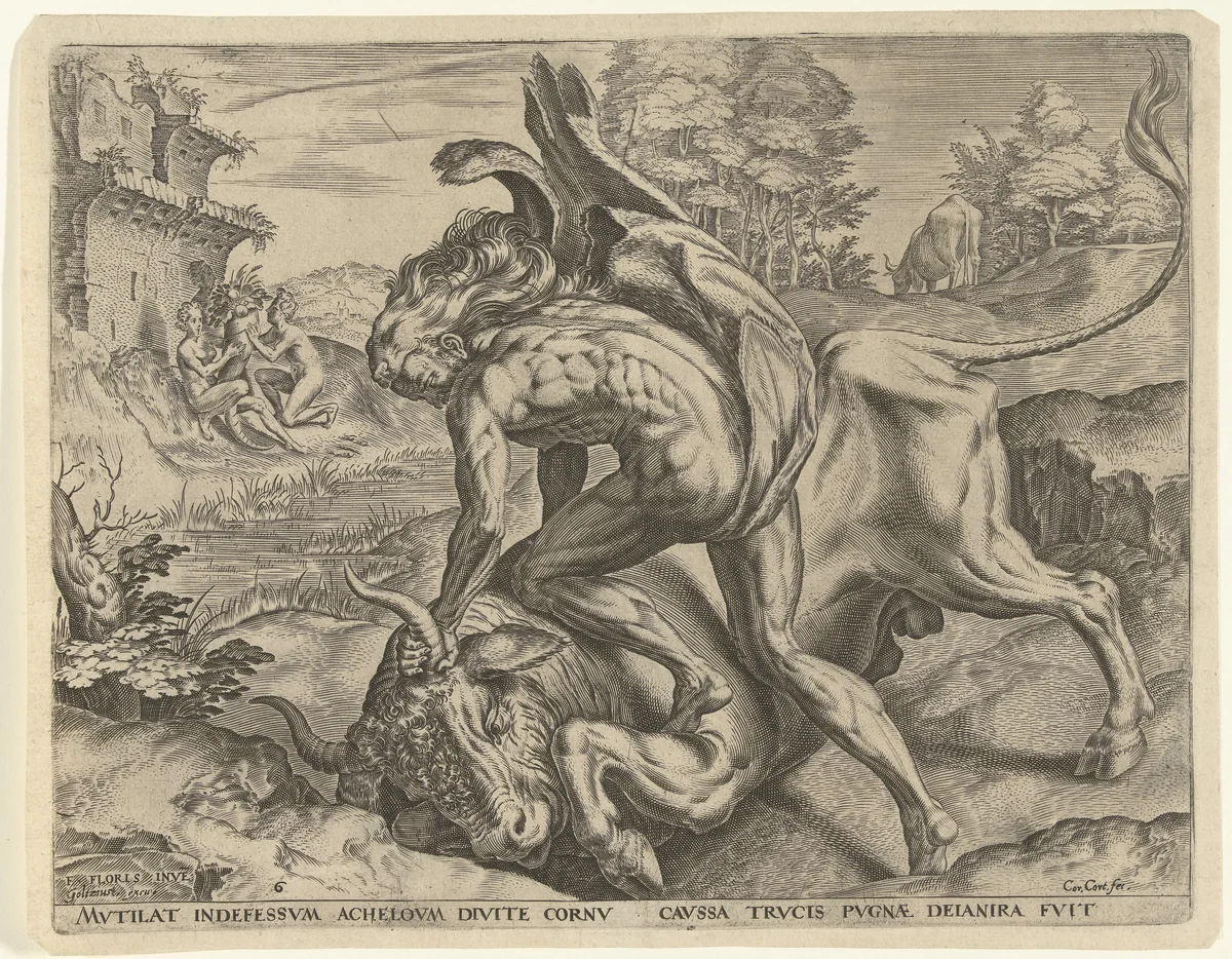 Hercules worstelt met Acheloüs by Unknown, print, 1563-1595