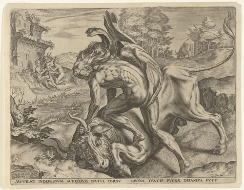 Hercules worstelt met Acheloüs by Unknown, print, 1563-1595