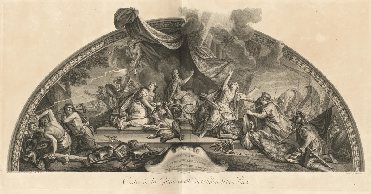 La Hollande accepte la paix et se détache de l'Allemagne et de l'Espagne 1678 Cintre de la Galerie du côté du Salon de la Paix (Holland Accepts Peace and Detaches Itself from Germany and Spain 1678, Center of the Gallery next to the Salon of Peace) [pl. 33] by Jean-Baptiste Massé
Benoît Audran II
Charles Le Brun, print, 1752