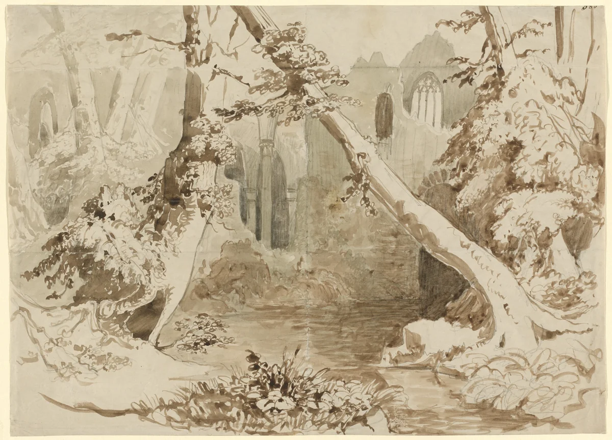 A Ruined Church in the Forest by Carl Blechen, drawing, 1829-1839