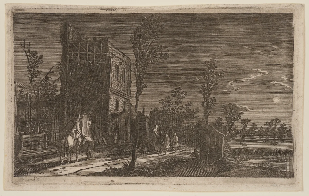 Figures by a Dilapidated Tower: Moonlit Nocturne, from Six Landscapes by Gillis van Scheyndel, print, 1630-1650