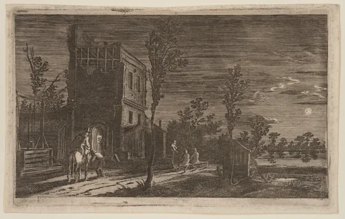 Figures by a Dilapidated Tower: Moonlit Nocturne, from Six Landscapes by Gillis van Scheyndel, print, 1630-1650