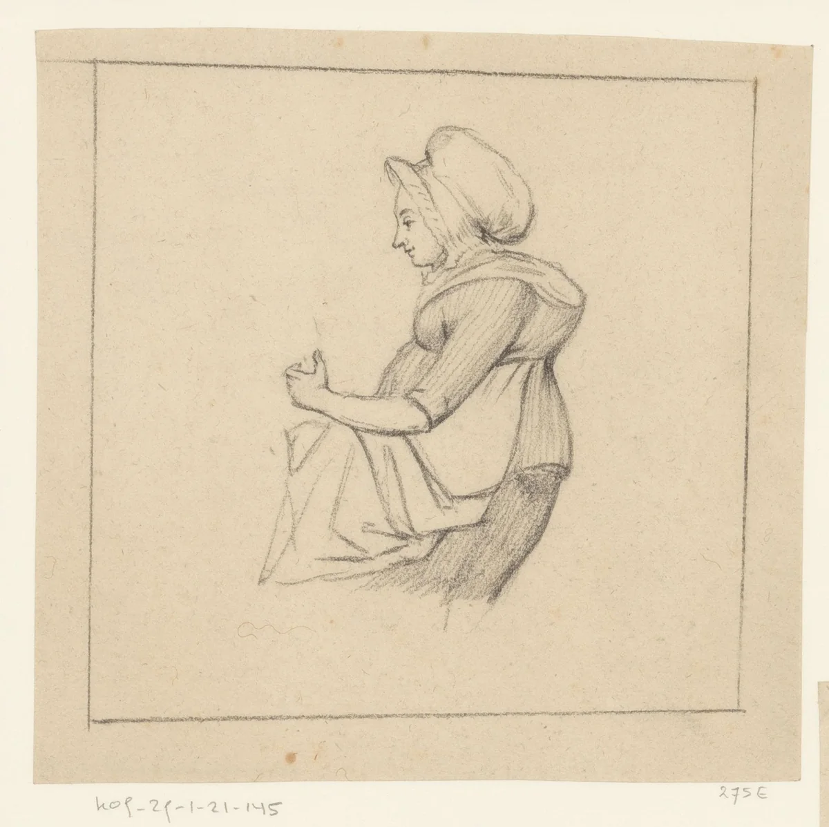 Zittende vrouw met muts en schort by anonymous, drawing, 1800-1849