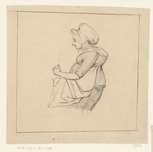Zittende vrouw met muts en schort by anonymous, drawing, 1800-1849