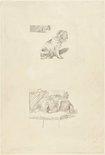 Zittend hondje en liggend hondje by Cornelis Ploos van Amstel, print, 1777