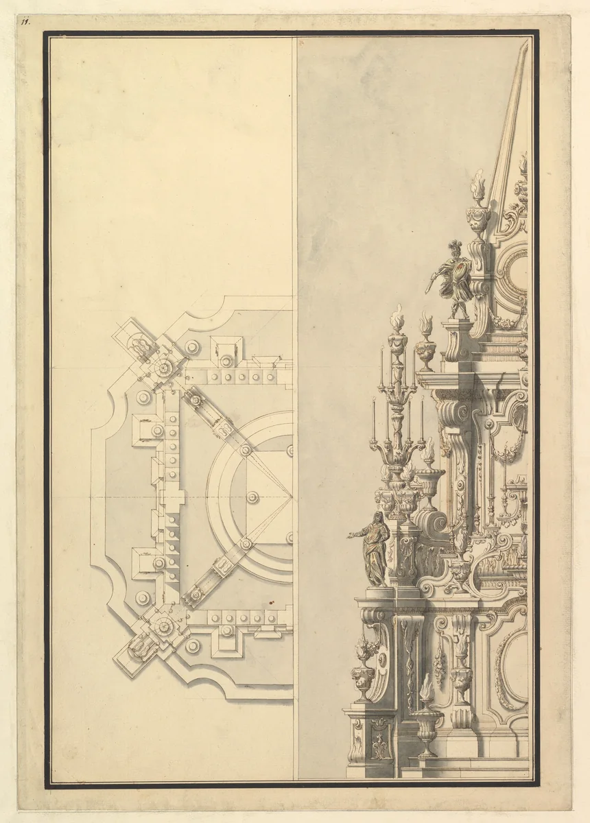 Half Plan and Half Elevation for a Catafalque for Margarita Louisa, Gran Duchess of Tuscany (d. 1721) by Giuseppe Galli Bibiena, drawing, 1716-1726
