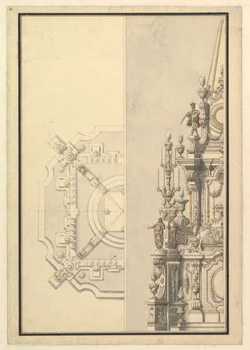 Half Plan and Half Elevation for a Catafalque for Margarita Louisa, Gran Duchess of Tuscany (d. 1721) by Giuseppe Galli Bibiena, drawing, 1716-1726