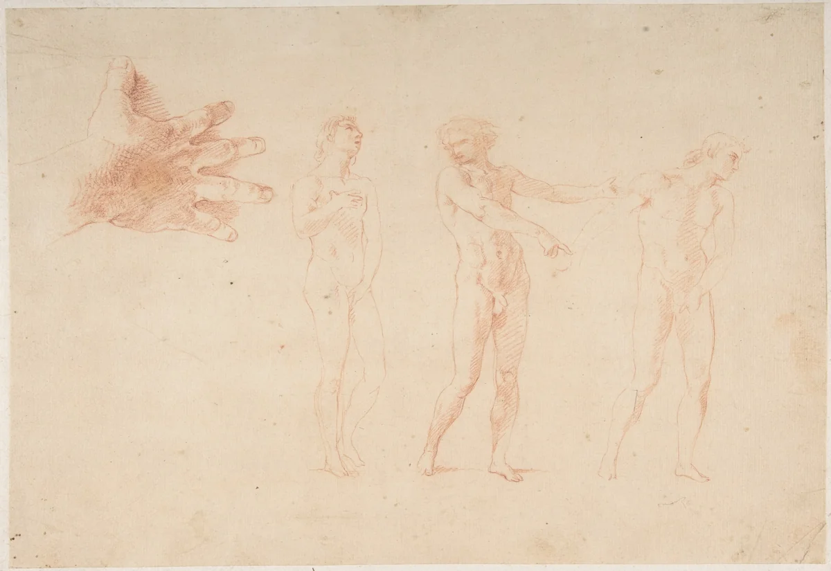 Three Nude Male Figures; Study of the Right Hand of the Figure on the Left by Pompeo Batoni, drawing, 1708-1787