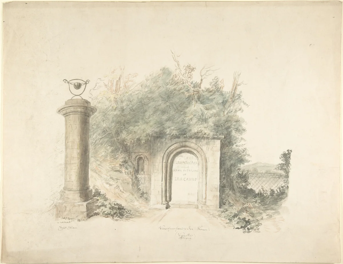 Title Page to a Group of Plans, Elevations and Scenic Interiors of Lea Castle, Worcestershire, Containing a View of New Front to the Ice House by John Carter, drawing, 1816