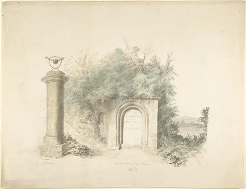 Title Page to a Group of Plans, Elevations and Scenic Interiors of Lea Castle, Worcestershire, Containing a View of New Front to the Ice House by John Carter, drawing, 1816