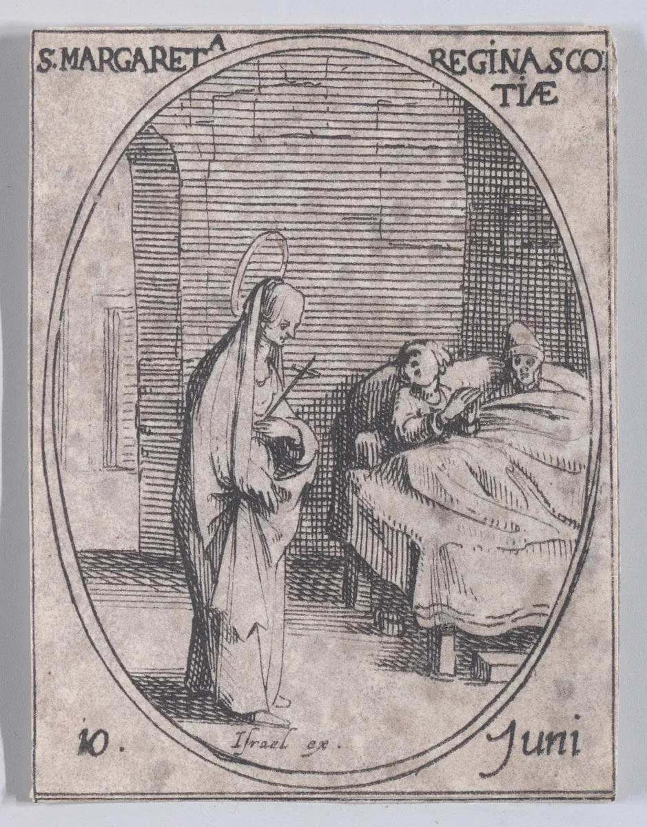 Ste. Marguerite, Reine de Écosse (St. Margaret, Queen of Scotland), June 10th, from "Les Images De Tous Les Saincts et Saintes de L'Année" (Images of All of the Saints and Religious Events of the Year) by Jacques Callot, print, 1636