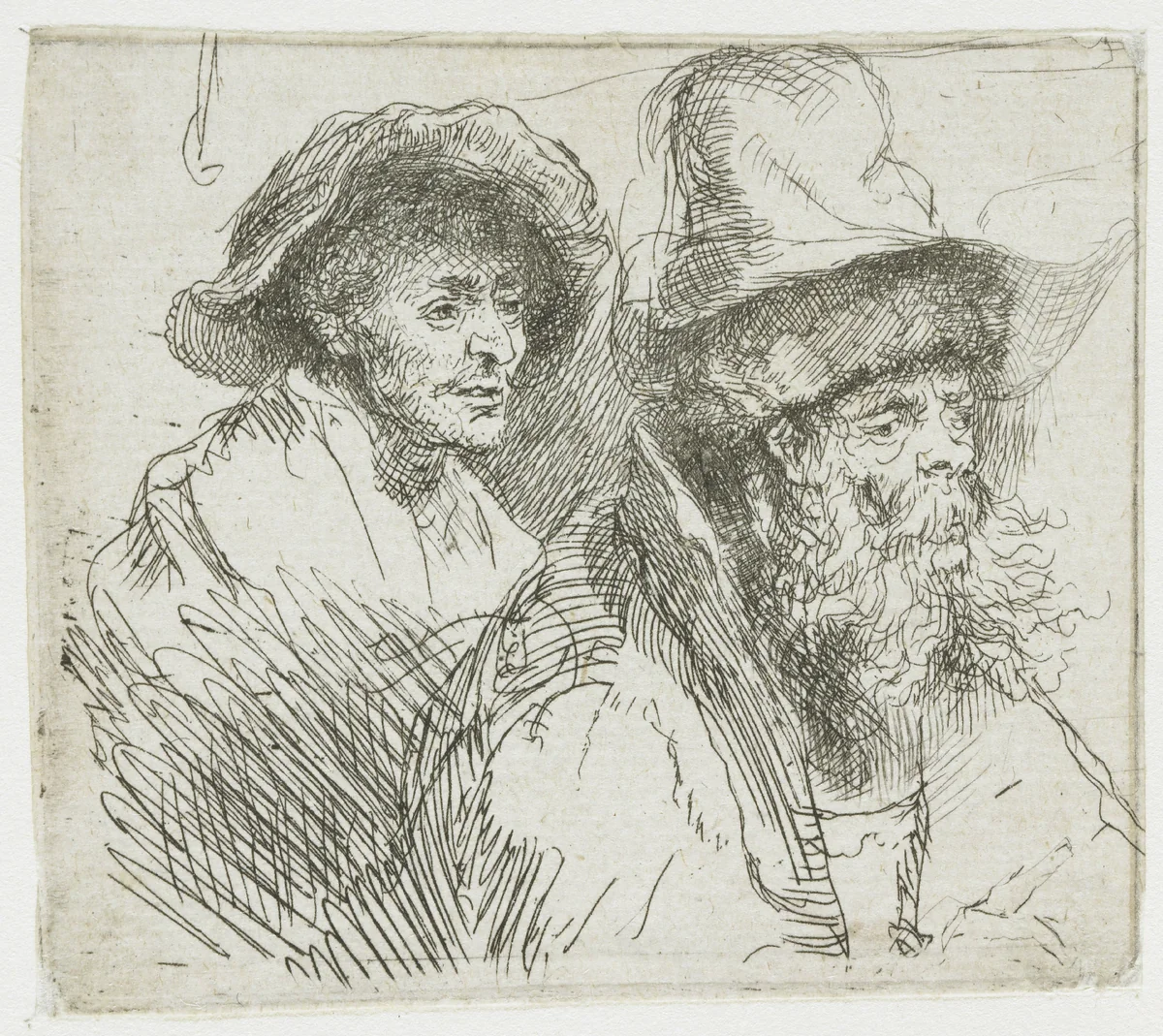 Sheet of studies, with a woman lying ill in bed: busts of two male figures by Rembrandt van Rijn, print, 1639