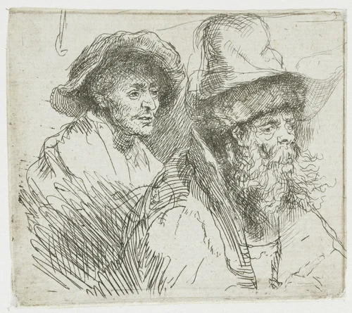 Sheet of studies, with a woman lying ill in bed: busts of two male figures by Rembrandt van Rijn, print, 1639