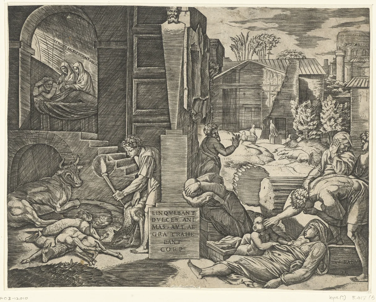 Pest bij de Trojanen op Kreta en droom van Aeneas by anonymous, print, 1515