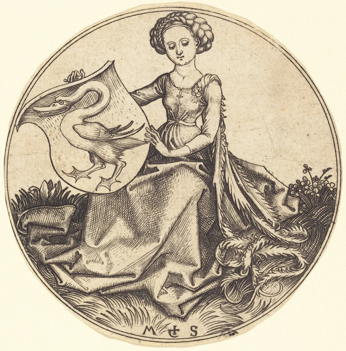 Shield with Swan, Held by Woman by Martin Schongauer, print, 1480-1490