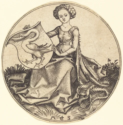 Shield with Swan, Held by Woman by Martin Schongauer, print, 1480-1490