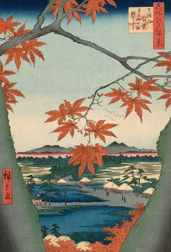 Maple Trees at Mama, Tekona Shrine and Tsugi Bridge (Mama no momiji, Tekona no yashiro, Tsugihashi), from the series "One Hundred Famous Views of Edo (Meisho Edo hyakkei)" by Utagawa Hiroshige (歌川広重), print, 1857