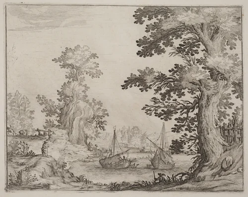 Landscape and River with Anchored Vessels by Ercole Bazicaluva, print, 1638