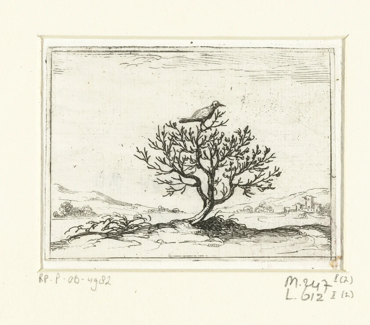 Nachtegaal op een struik by Jacques Callot, print, 1621-1635