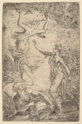 Apollo at right holding a bow chasing Daphne at the left by Andrea Schiavone, print, 1533-1543