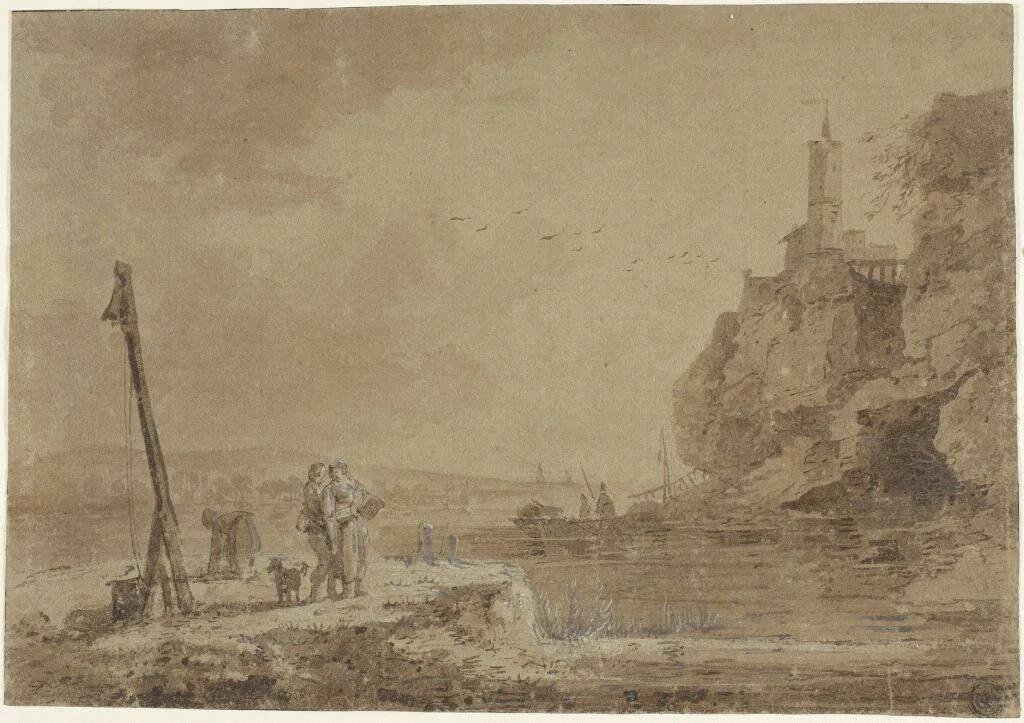 Small Harbor Beneath Cliffs by Charles Eschard, drawing, 1768-1810