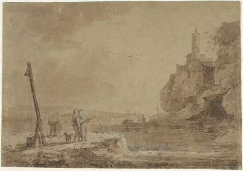 Small Harbor Beneath Cliffs by Charles Eschard, drawing, 1768-1810