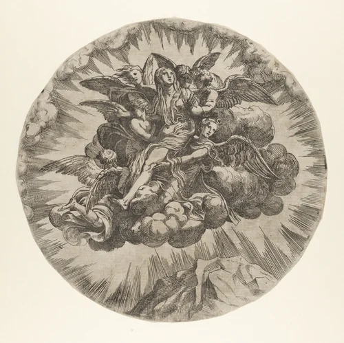 Mary Magdalen carried to Heaven by anonymous, print, 1540-1560