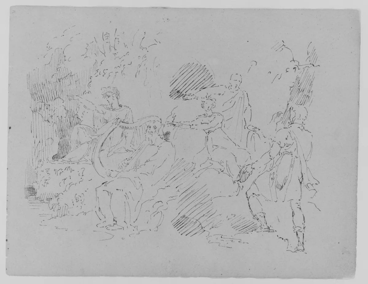 Composition with Five Figures in Natural Setting, Two Male, Three Female, with a Lyre (Ponnassus?) (from Sketchbook) by Thomas Sully, artwork, 1810-1820