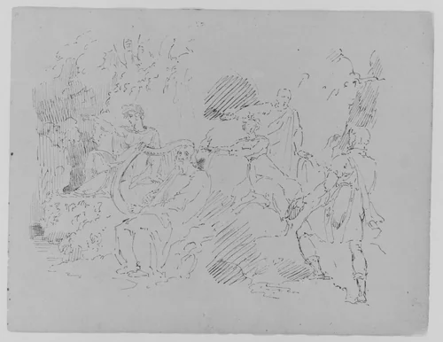Composition with Five Figures in Natural Setting, Two Male, Three Female, with a Lyre (Ponnassus?) (from Sketchbook) by Thomas Sully, artwork, 1810-1820