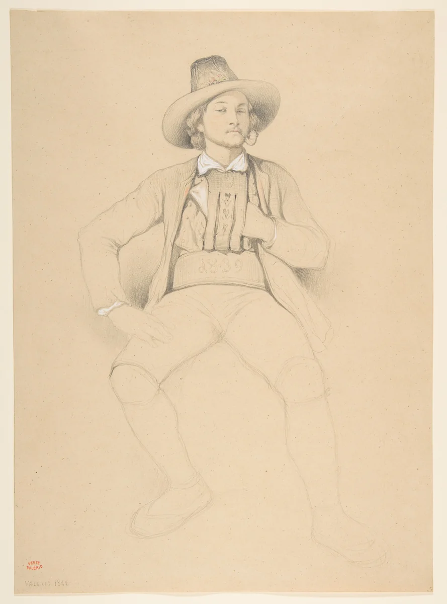A Man in Tyrolean Costume, Seated, Smoking a Pipe by Théodore Valerio, drawing, 1842