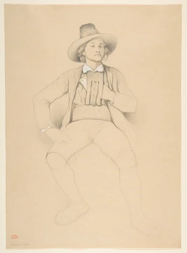 A Man in Tyrolean Costume, Seated, Smoking a Pipe by Théodore Valerio, drawing, 1842