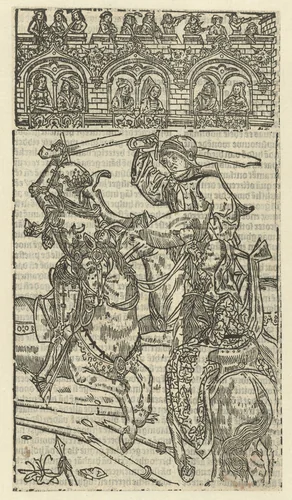 Gevecht tussen twee ridders te paard by anonymous, print, 1517