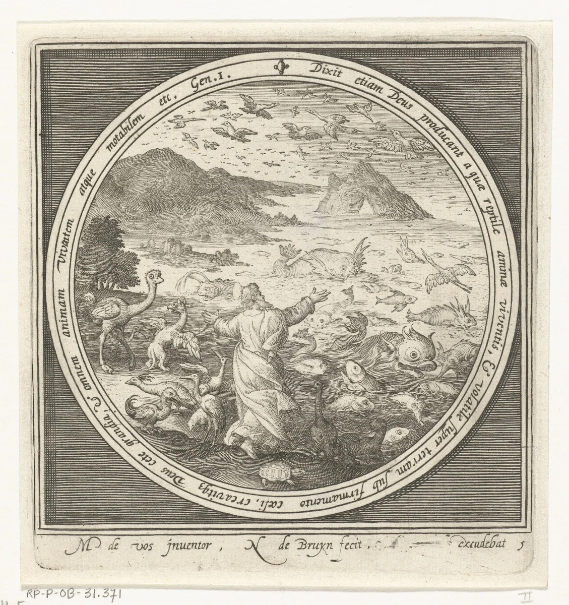 Vijfde dag van schepping: God schept vissen en vogels by Unknown, print, 1581-1656