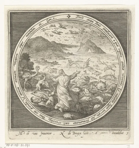 Vijfde dag van schepping: God schept vissen en vogels by Unknown, print, 1581-1656