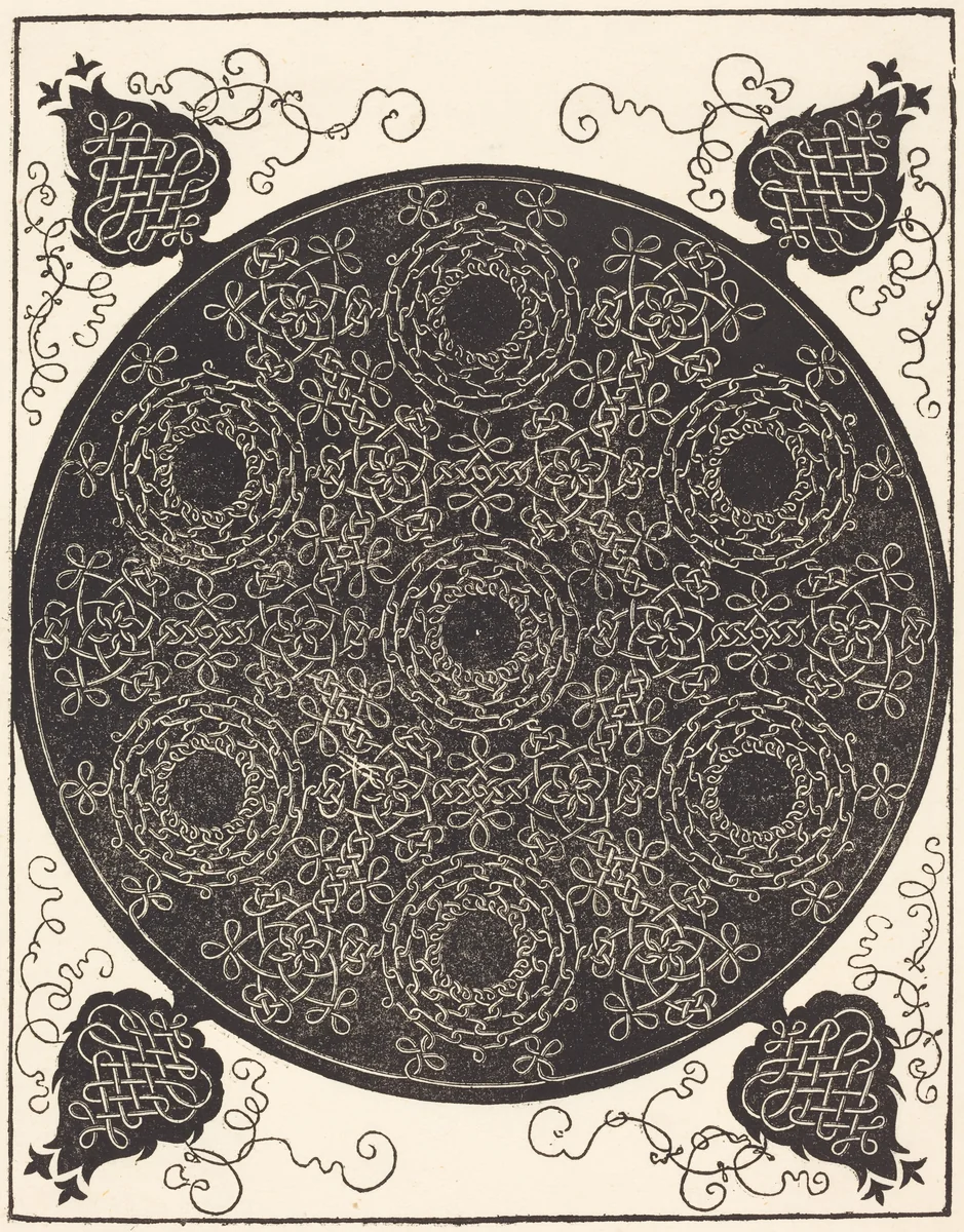 The Fourth Knot (combining seven circular groups of knots with black centers) by Albrecht Dürer, print, 1506-1507