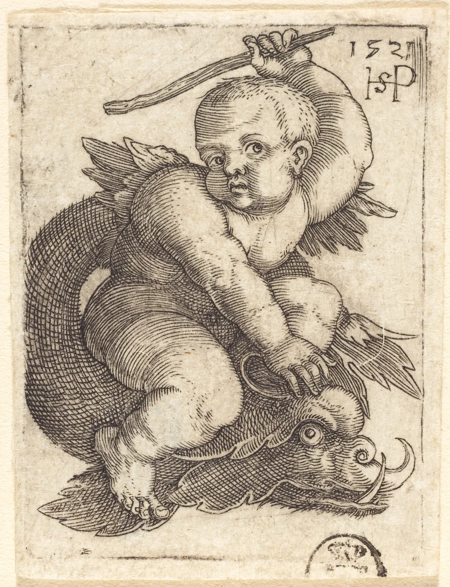 Genius on a Dolphin, Riding to the Right by Sebald Beham, print, 1521
