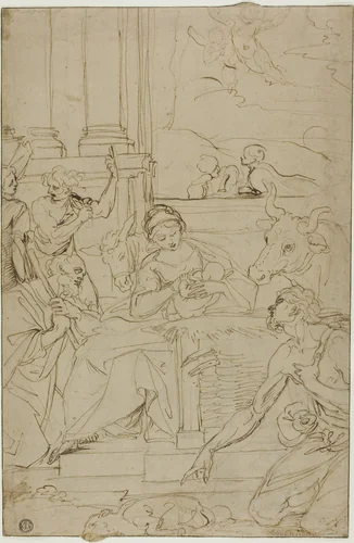 Adoration of the Shepherds by Agostino Carracci, drawing, 1577-1699