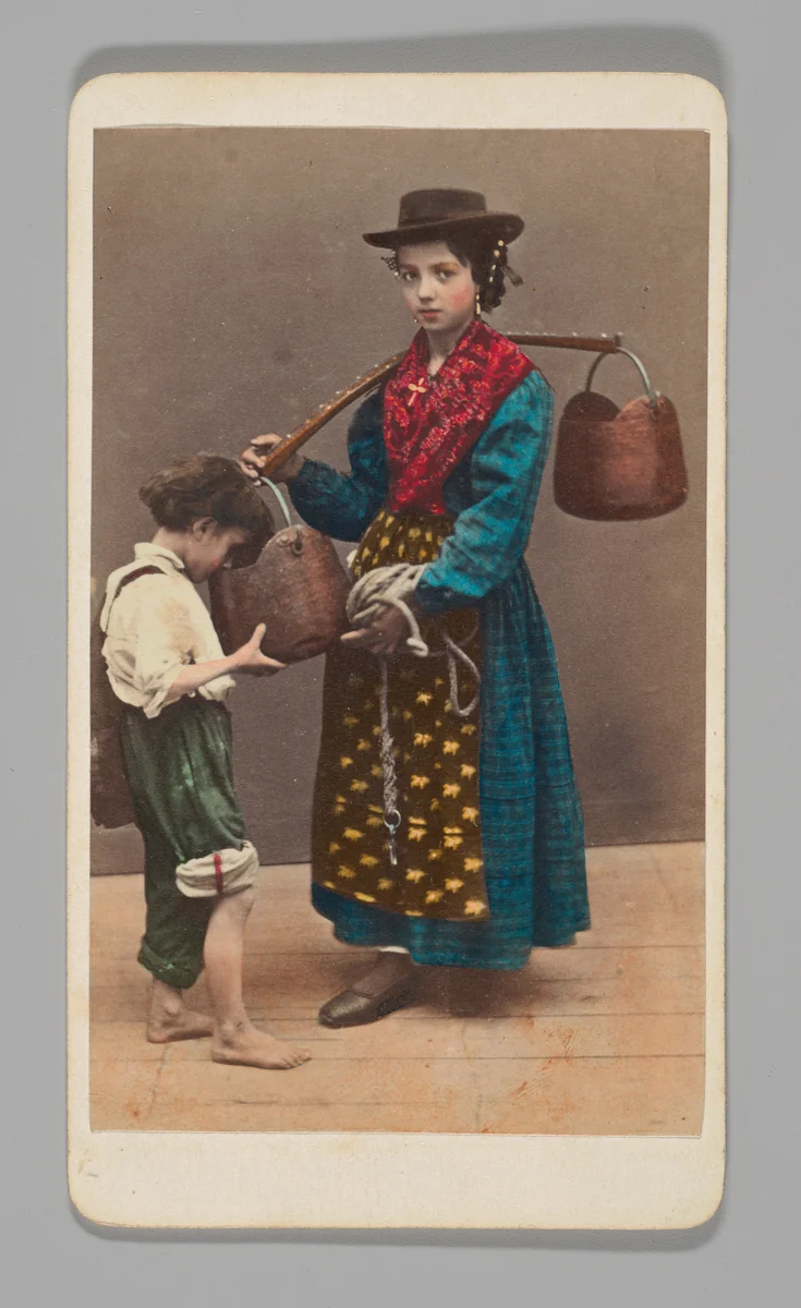 [Studio Portrait: Woman Carrying Yoke with Young Boy, Venice] by Carlo Ponti, photograph, 1860-1879