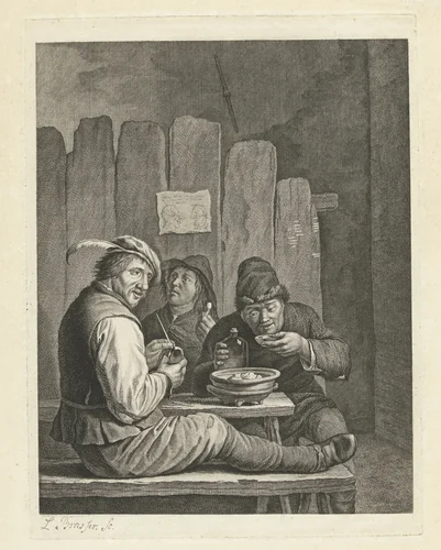Drie boeren aan een tafel roken en drinken by Leendert Brasser, print, 1727-1793