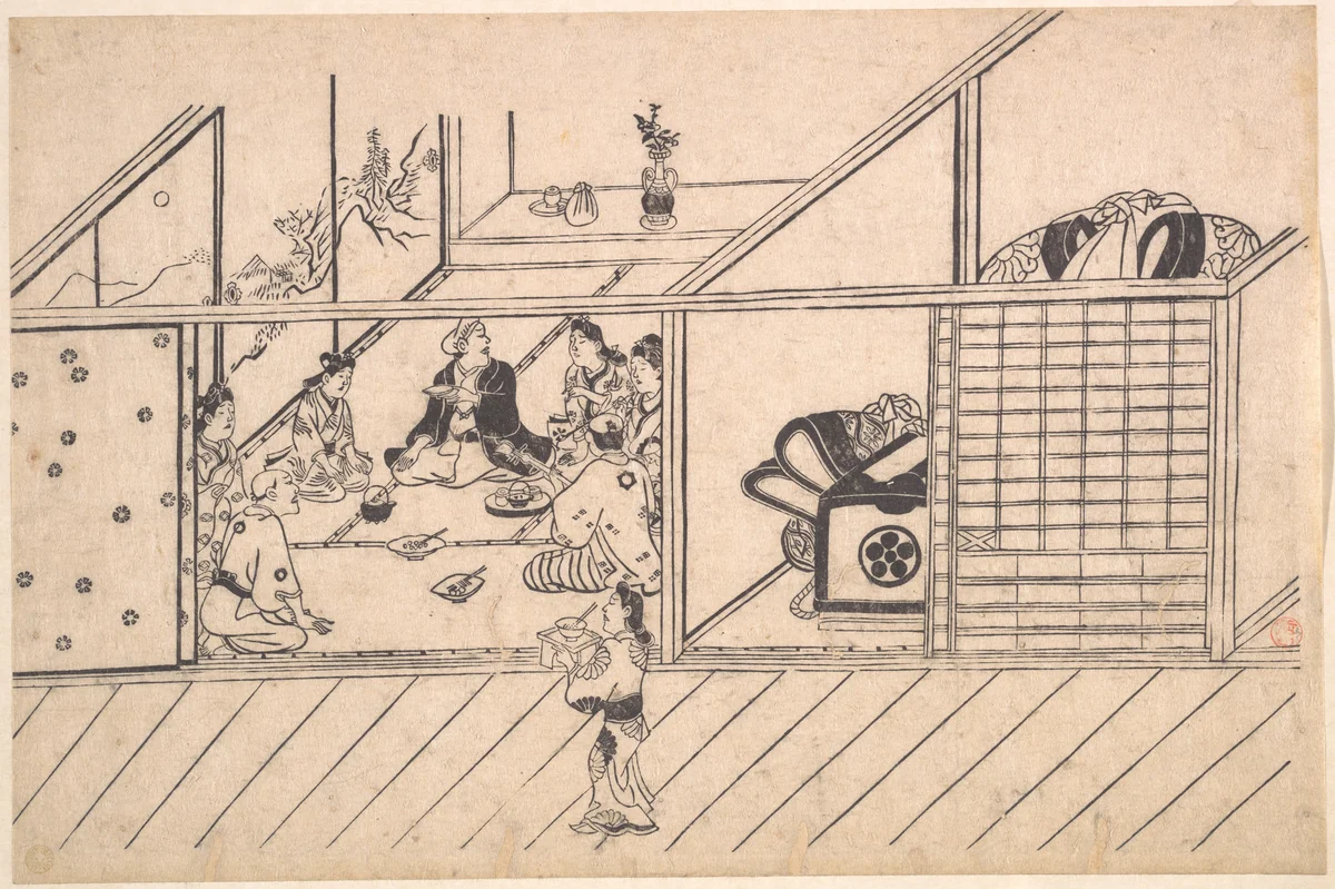 A Banquet in a Joroya by Hishikawa Moronobu (菱川師宣), print, 1670-1680