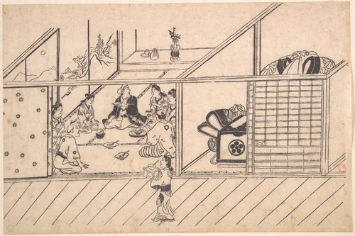 A Banquet in a Joroya by Hishikawa Moronobu (菱川師宣), print, 1670-1680