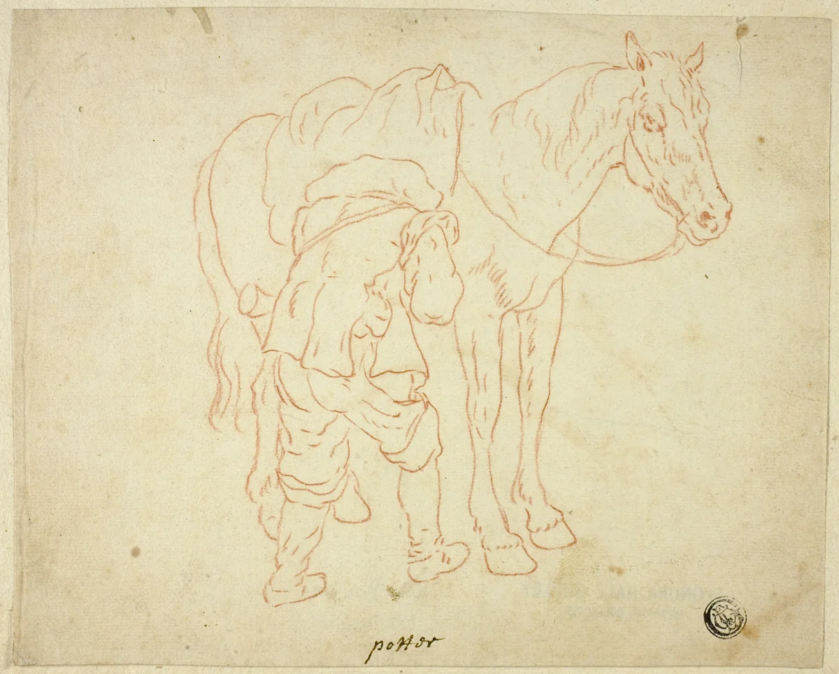 Man Adjusting Saddle on Horse by Paulus Potter, drawing, 1645-1699