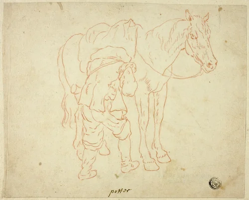 Man Adjusting Saddle on Horse by Paulus Potter, drawing, 1645-1699
