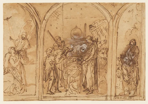 A Design for a Triptych with the Adoration of the Two Saints by Jan Pynas, drawing, 1600-1631