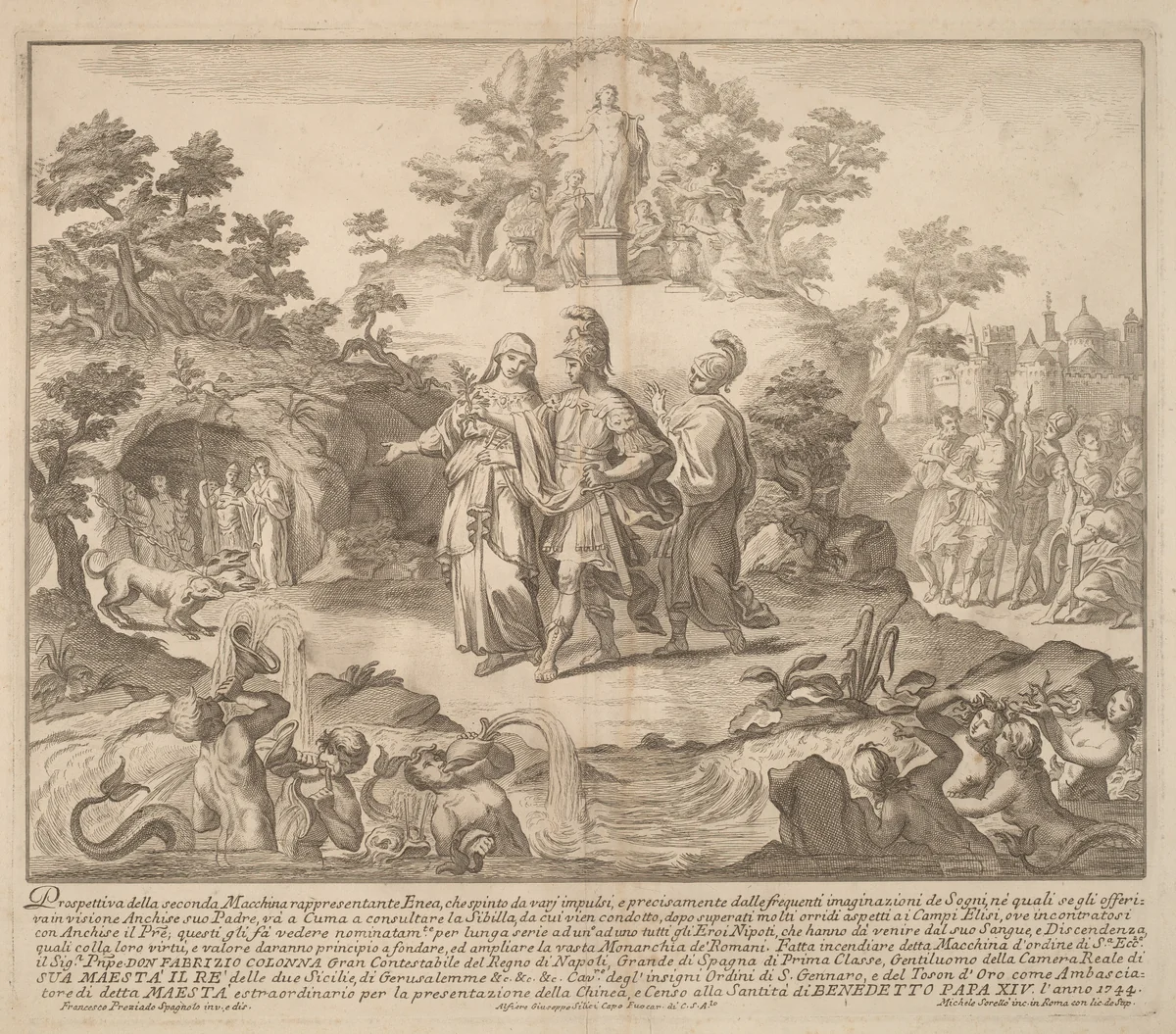 The Seconda Macchina for the Chinea of 1744: Aeneas and Cumaean Sibyl by Miguel de Sorellò; Francisco Preciado de la Vega, print, 1744