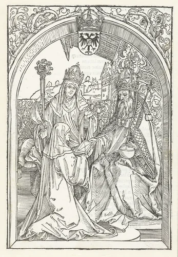Roswitha van Gandersheim biedt keizer Otto I een exemplaar van haar boek aan by Unknown, print, 1501