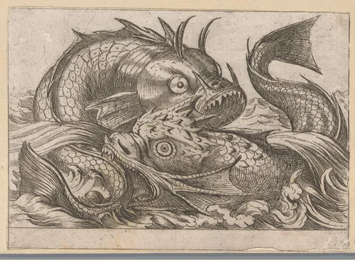 Twee vechtende vissen by Antonio Tempesta, print, 1600