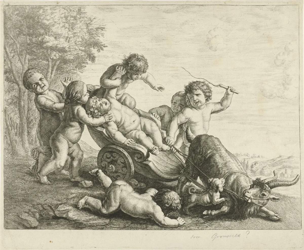 Putti met bokkenwagen by Johannes Gronsveld, print, 1679-1728