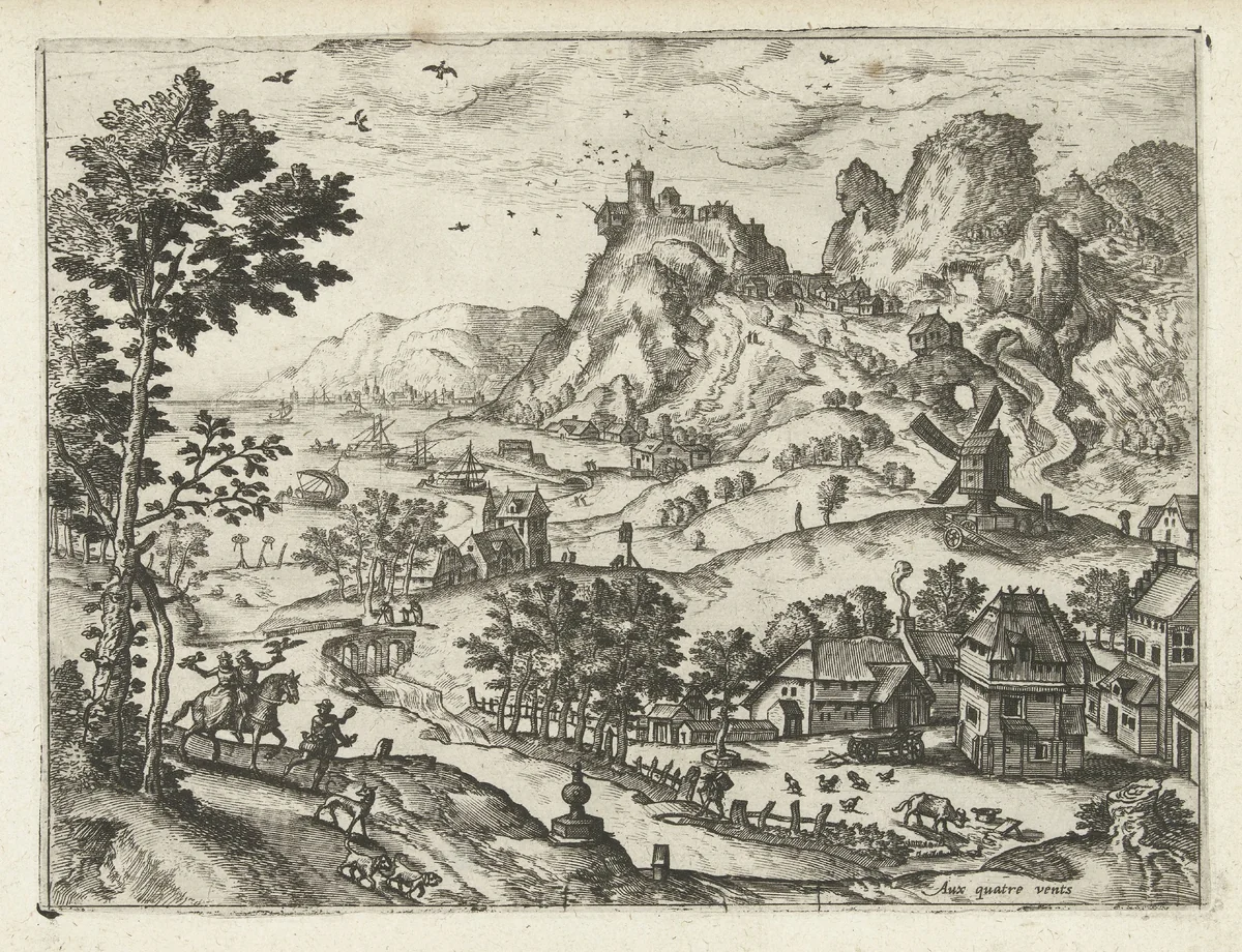 Landschap met valkenjacht by Unknown, print, 1570-1580